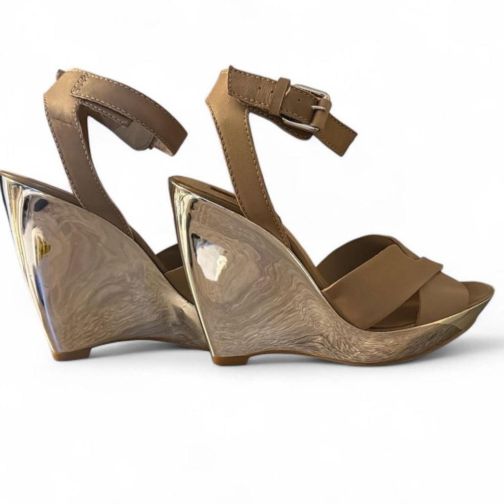 7 For All Mankind Tiara Tan and Gold Wedge Sandals Size 7